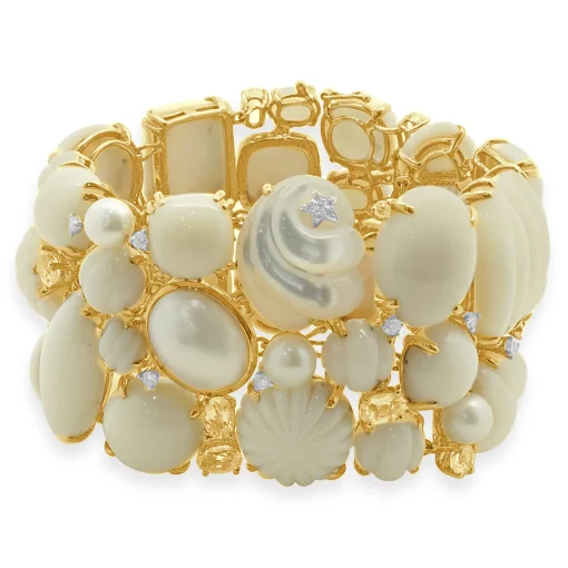 Seaman Schepps 18 Karat Yellow Gold Carved Coral, Mother of Pearl, Diamond, and Morganite Wide Bracelet