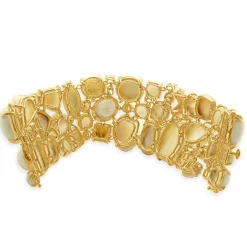Seaman Schepps 18 Karat Yellow Gold Carved Coral, Mother of Pearl, Diamond, and Morganite Wide Bracelet