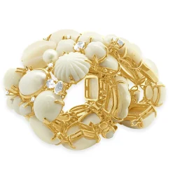 Seaman Schepps 18 Karat Yellow Gold Carved Coral, Mother of Pearl, Diamond, and Morganite Wide Bracelet