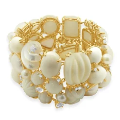 Seaman Schepps 18 Karat Yellow Gold Carved Coral, Mother of Pearl, Diamond, and Morganite Wide Bracelet