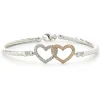 Sterling Silver & 14 Karat White & Rose Gold Double Diamond Heart Bangle Bracelet