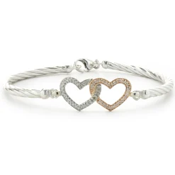 Sterling Silver & 14 Karat White & Rose Gold Double Diamond Heart Bangle Bracelet