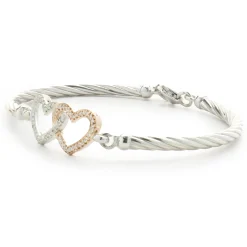 Sterling Silver & 14 Karat White & Rose Gold Double Diamond Heart Bangle Bracelet