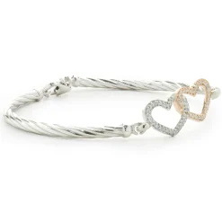 Sterling Silver & 14 Karat White & Rose Gold Double Diamond Heart Bangle Bracelet