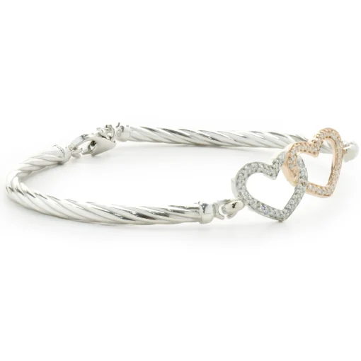 Sterling Silver & 14 Karat White & Rose Gold Double Diamond Heart Bangle Bracelet