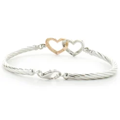Sterling Silver & 14 Karat White & Rose Gold Double Diamond Heart Bangle Bracelet