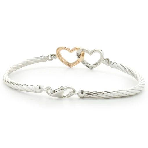 Sterling Silver & 14 Karat White & Rose Gold Double Diamond Heart Bangle Bracelet