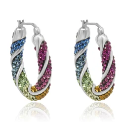Sterling Silver Pave Multi Colored Rhinestone Hoop Earrings