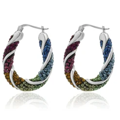 Sterling Silver Pave Multi Colored Rhinestone Hoop Earrings