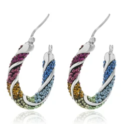 Sterling Silver Pave Multi Colored Rhinestone Hoop Earrings