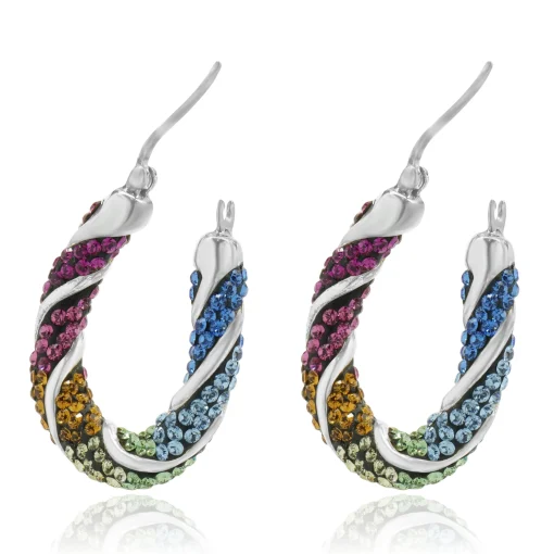 Sterling Silver Pave Multi Colored Rhinestone Hoop Earrings