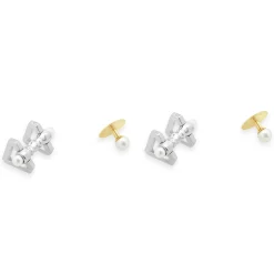 Tiffany & Co. Platinum Triangle Cufflinks and 18k Yellow Gold 5mm Pearl Studs Tuxedo Set