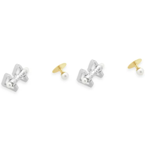 Tiffany & Co. Platinum Triangle Cufflinks and 18k Yellow Gold 5mm Pearl Studs Tuxedo Set