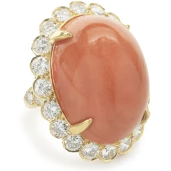 Van Cleef & Arpels 18 Karat Yellow Gold Vintage Coral Cabochon and Diamond Cocktail Ring