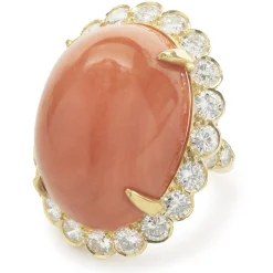 Van Cleef & Arpels 18 Karat Yellow Gold Vintage Coral Cabochon and Diamond Cocktail Ring