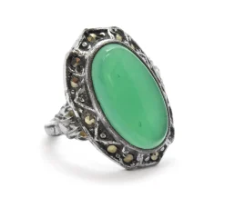Vintage Sterling Silver, Marcasite And Green Stone Ring Size 6.75
