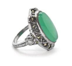 Vintage Sterling Silver, Marcasite And Green Stone Ring Size 6.75