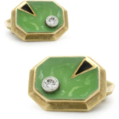William Huger & Co. 14 Karat Yellow Gold Vintage Diamond and Enamel Cufflinks