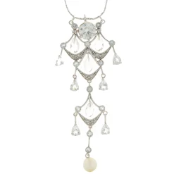 14 Karat White Gold Diamond, White Sapphire, and Pearl Vintage Chandelier Necklace