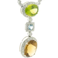 18 Karat White Gold Peridot, Citrine, Blue Topaz, and Diamond Drop Necklace