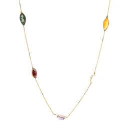 14 Karat Yellow Gold Multi Gemstone Multi Shape Bezel Set Necklace