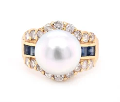 14 Karat Yellow Gold Pearl, Diamond, and Sapphire Fashion Ring