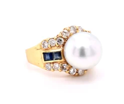 14 Karat Yellow Gold Pearl, Diamond, and Sapphire Fashion Ring