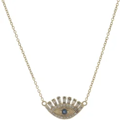 14 Karat Yellow Gold Round and Baguette Diamond and Sapphire Evil Eye Necklace